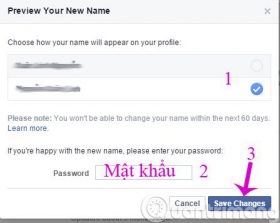 Nhập mật khẩu để xác nhận đổi tên Facebook